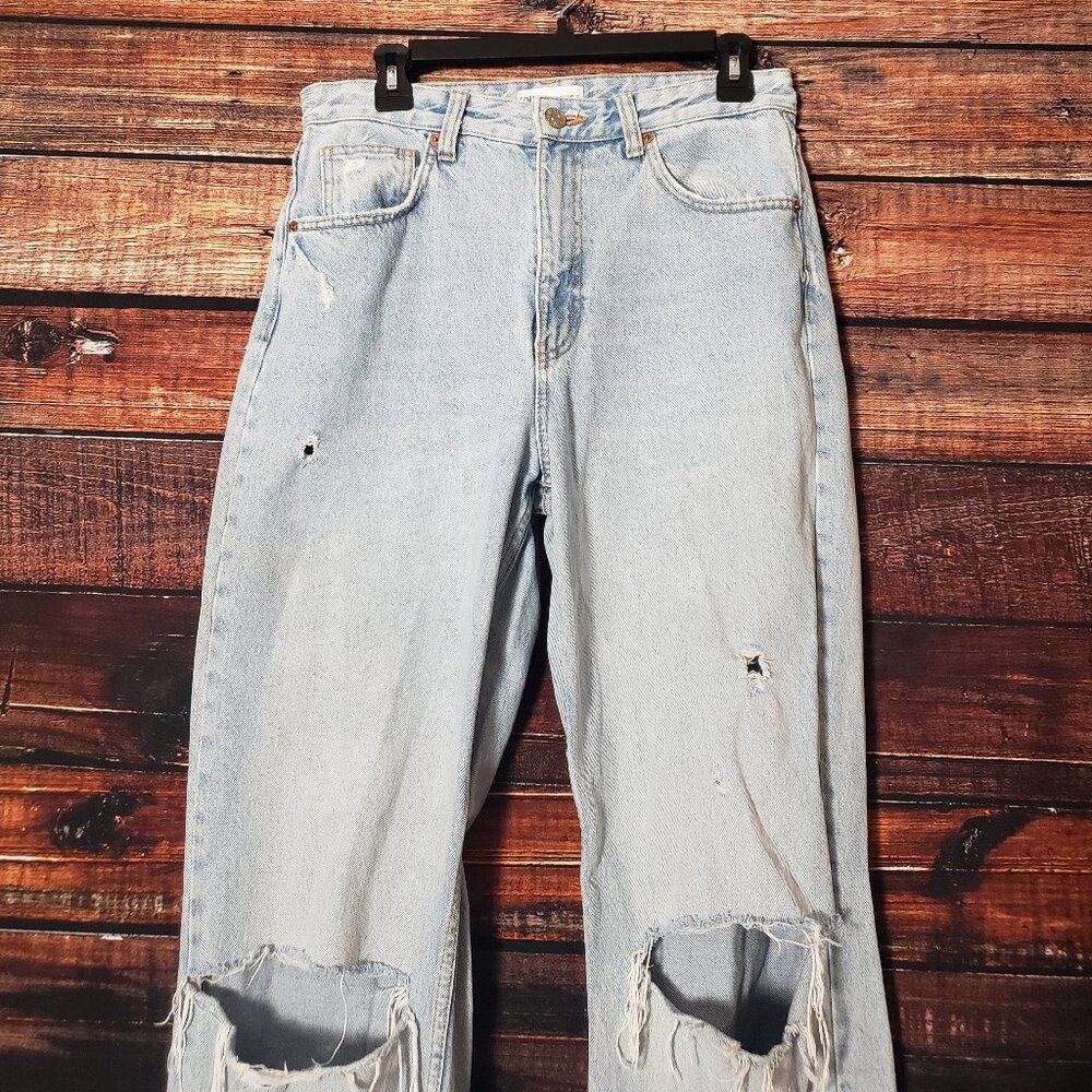 Zara Size 8 Super High Rise Distressed Wide Leg Light Blue Denim Jeans Raw Hem - Picture 5 of 7